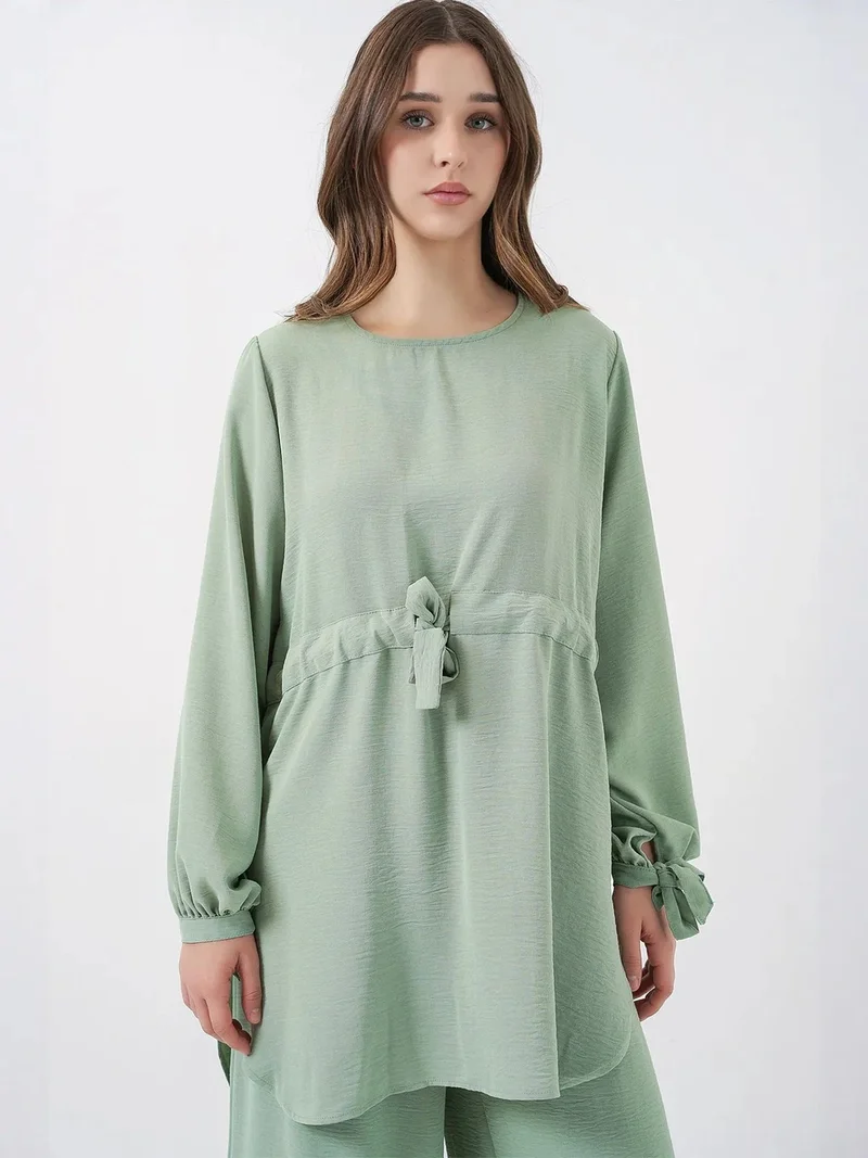 BIG DART BDART Crew Neck Tie Detail Tunic and Wide Leg Pants Set